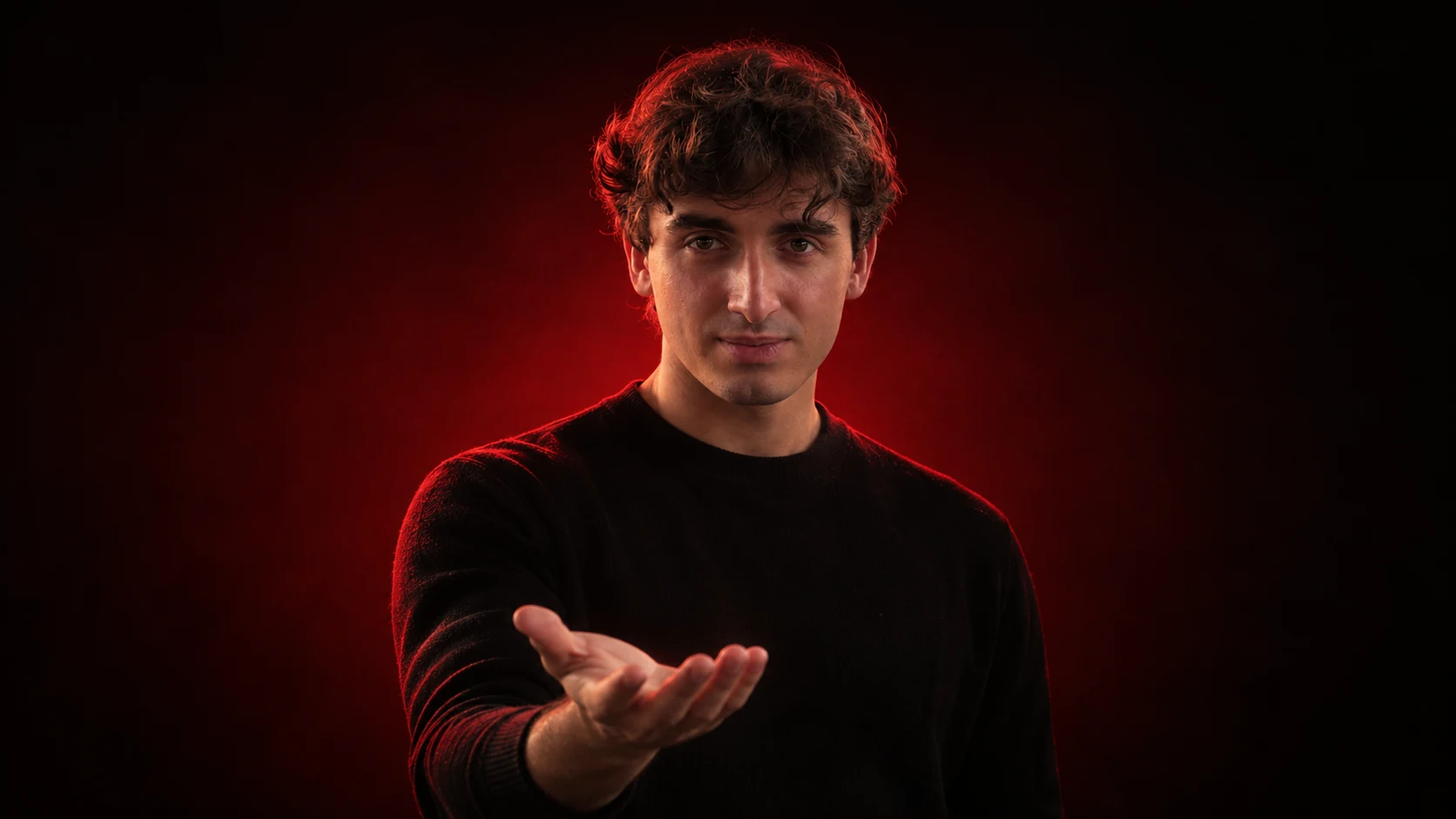 Rodrigo holding out his open hand against a red backdrop