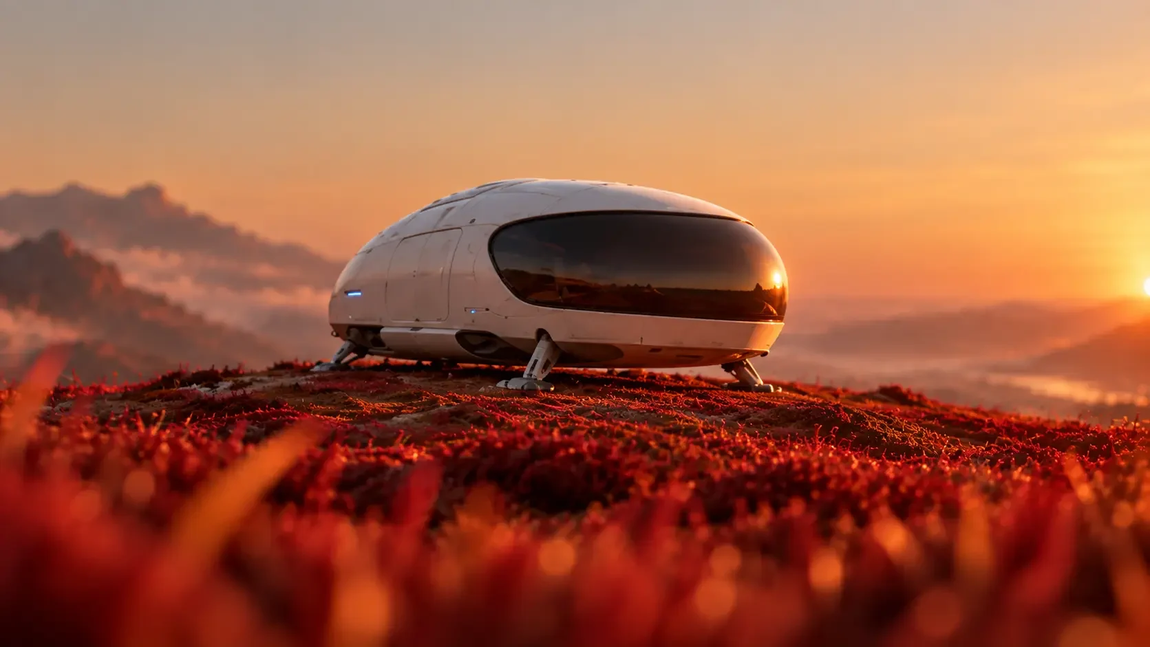 The Flank ship, landed on a red hillside at sunset